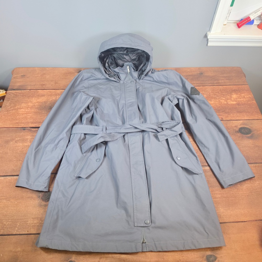 The North Face Trench Coat Womens XL Gray Good Belted Camo Lining Hooded Jacket